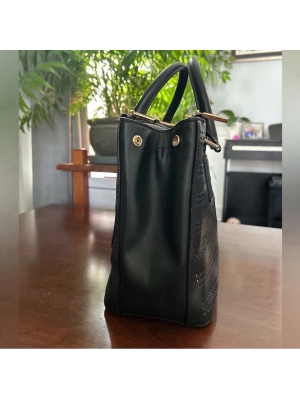 Tory Burch Black Perforated Leather Tote with Gold Logo